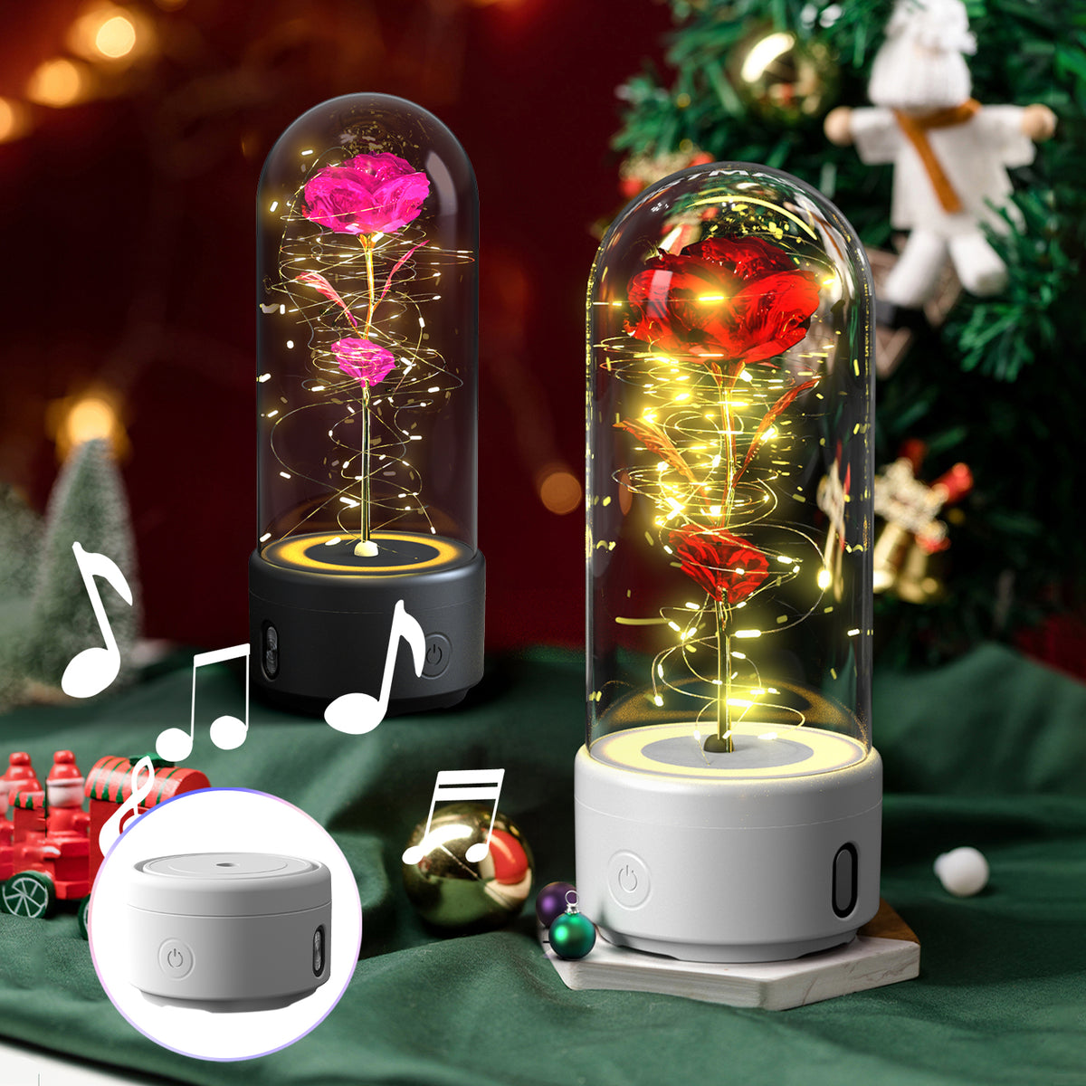 Rose in glass dome LED night light with Bluetooth speaker