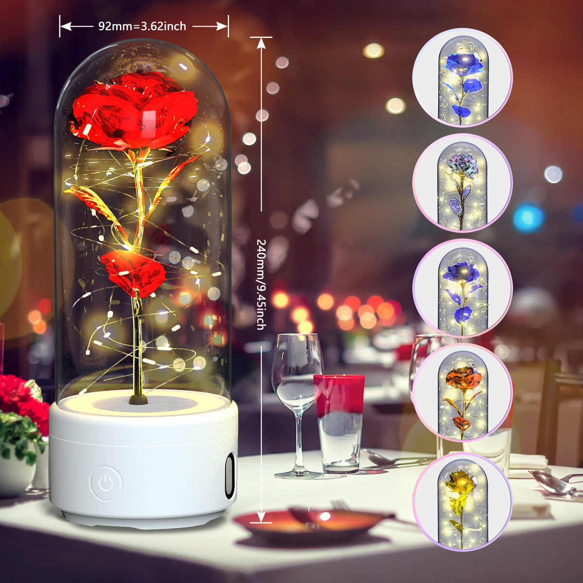 Rose in glass dome LED night light with Bluetooth speaker