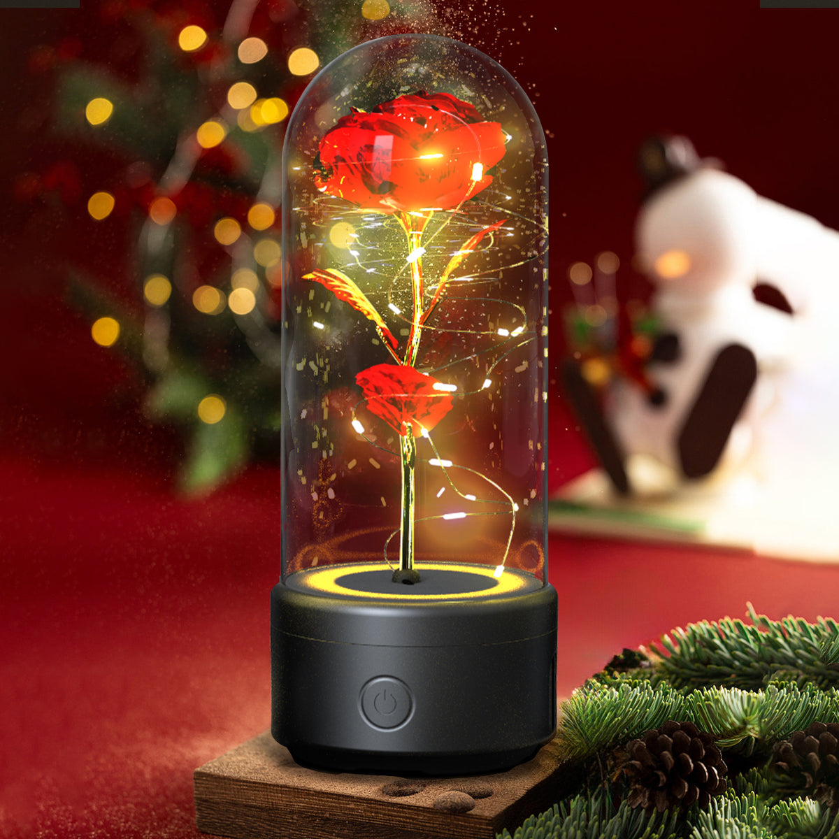 Rose in glass dome LED night light with Bluetooth speaker