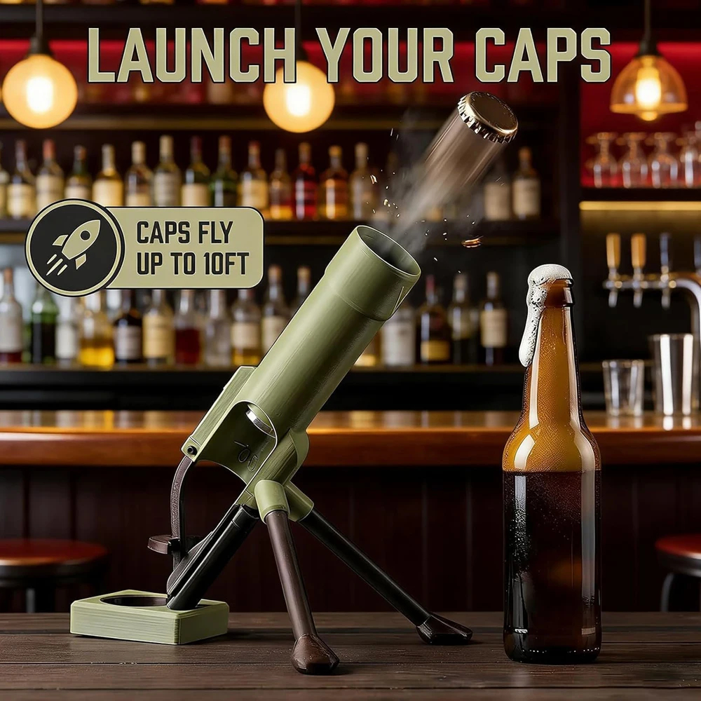 Mortar Bottle Opener - Launches Beer Caps Into the Air, Funny Gift for Men