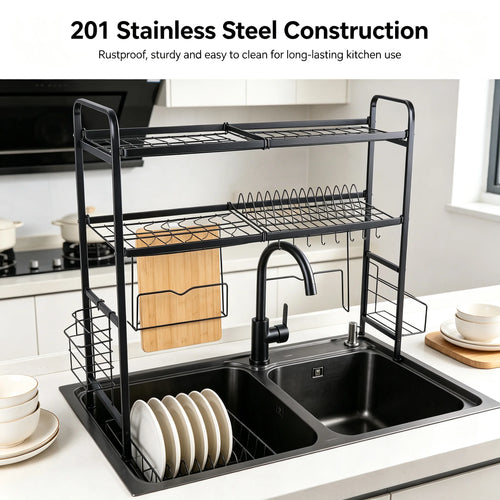 2-Tier Stainless Steel Dish Drying Rack with Cutting Board & Utensil Holder, Black