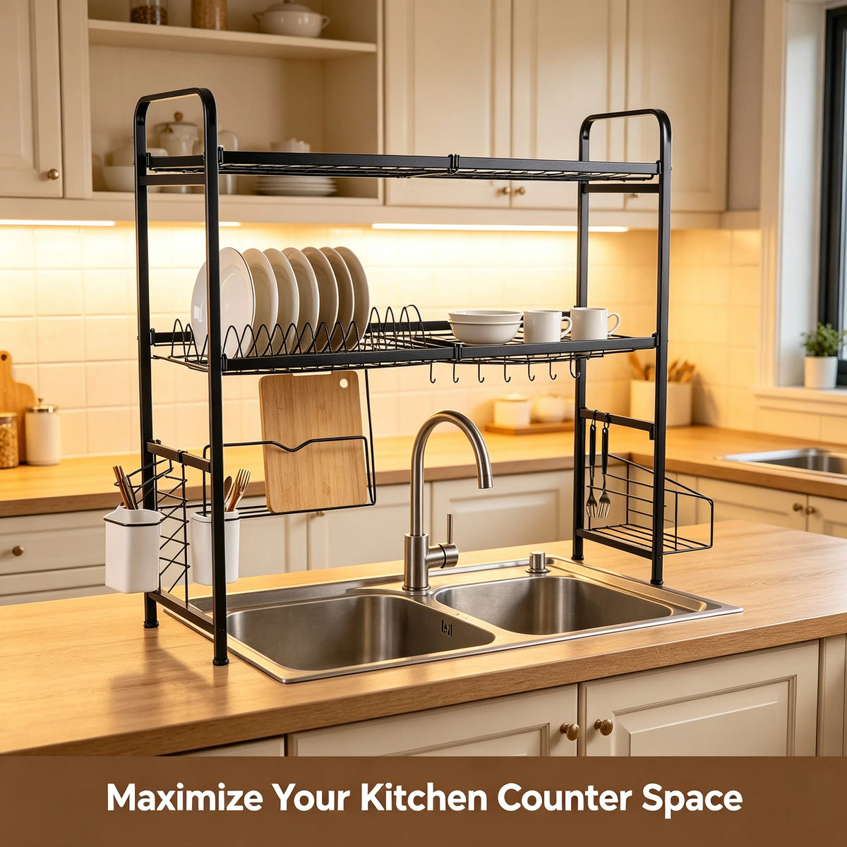 2-Tier Stainless Steel Dish Drying Rack with Cutting Board & Utensil Holder, Black