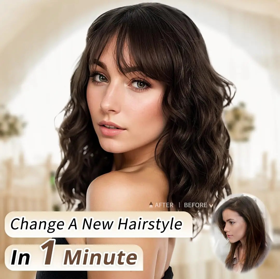 Natural Brown Curly Wavy Bob Wig with Bangs, Synthetic
