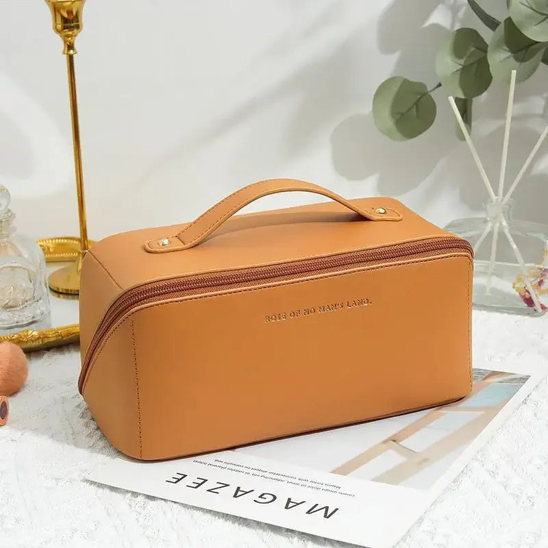Large Capacity Travel Makeup Bag, PU Leather Wide-Open Cosmetic Pouch