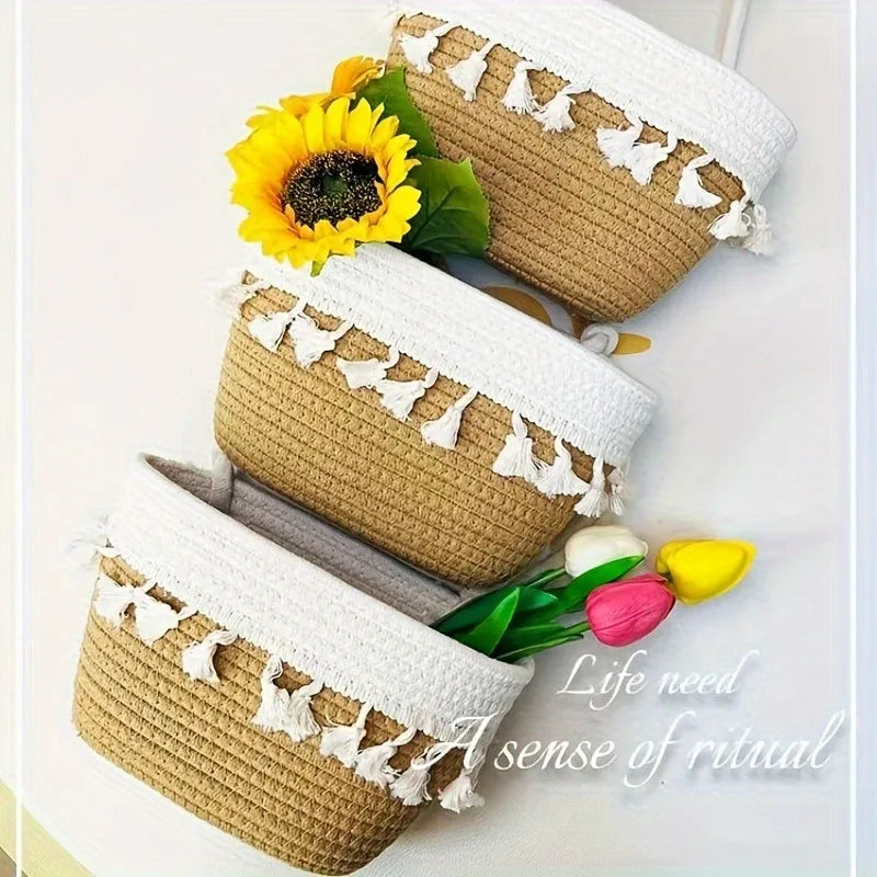Handwoven 3-Tier Hanging Wall Basket with Tassels, Boho Storage Organizer