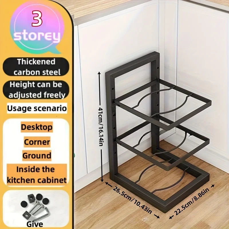 Adjustable Pot & Pan Organizer Rack, Multi-Tier Steel Kitchen Cabinet Storage