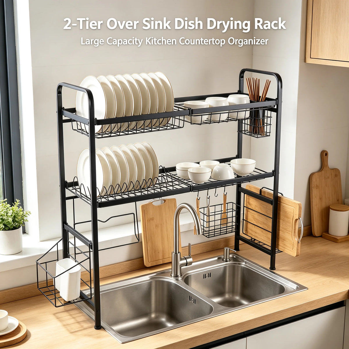 2-Tier Stainless Steel Dish Drying Rack with Cutting Board & Utensil Holder, Black