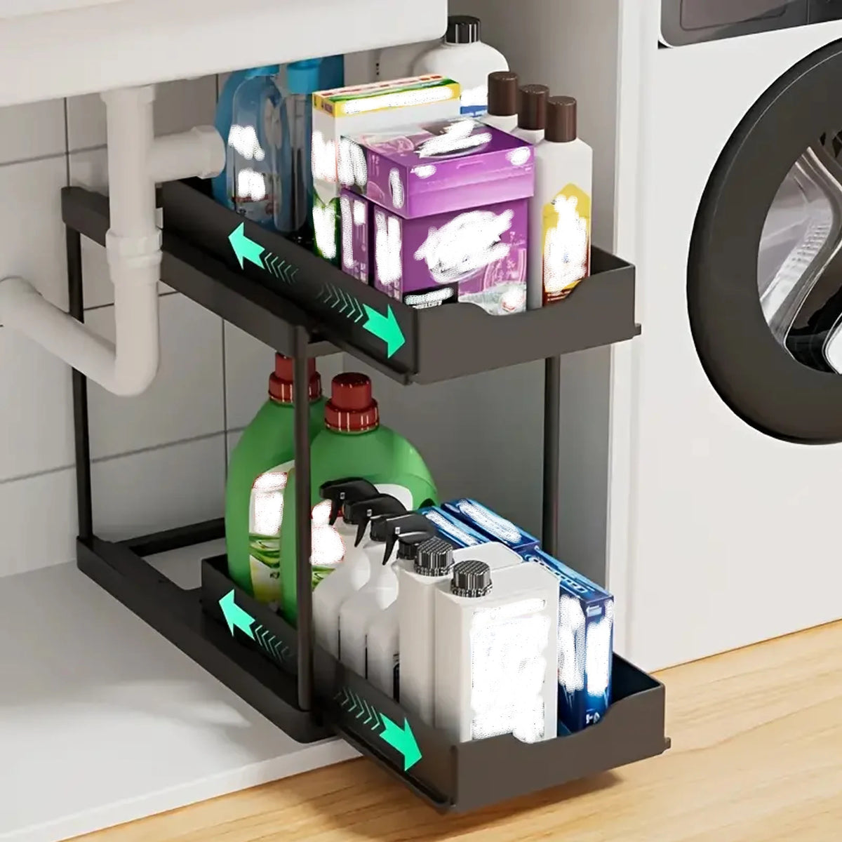 Double-Layer Pull-Out Under-Sink Organizer, Sliding Kitchen Cabinet Storage Rack