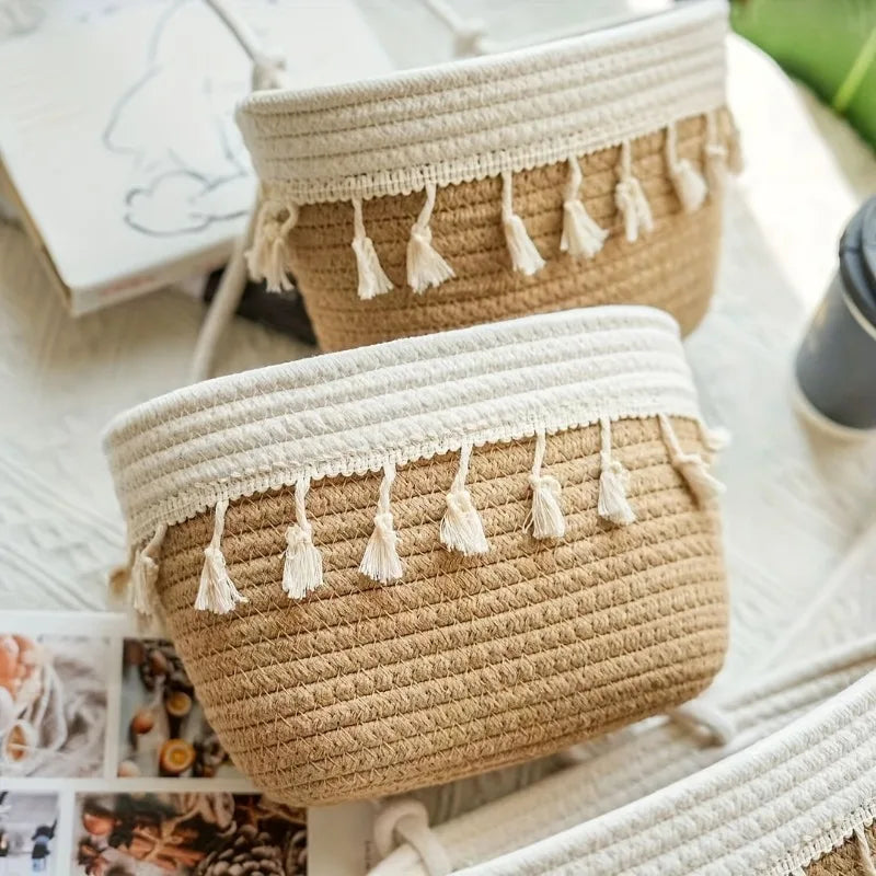 Handwoven 3-Tier Hanging Wall Basket with Tassels, Boho Storage Organizer