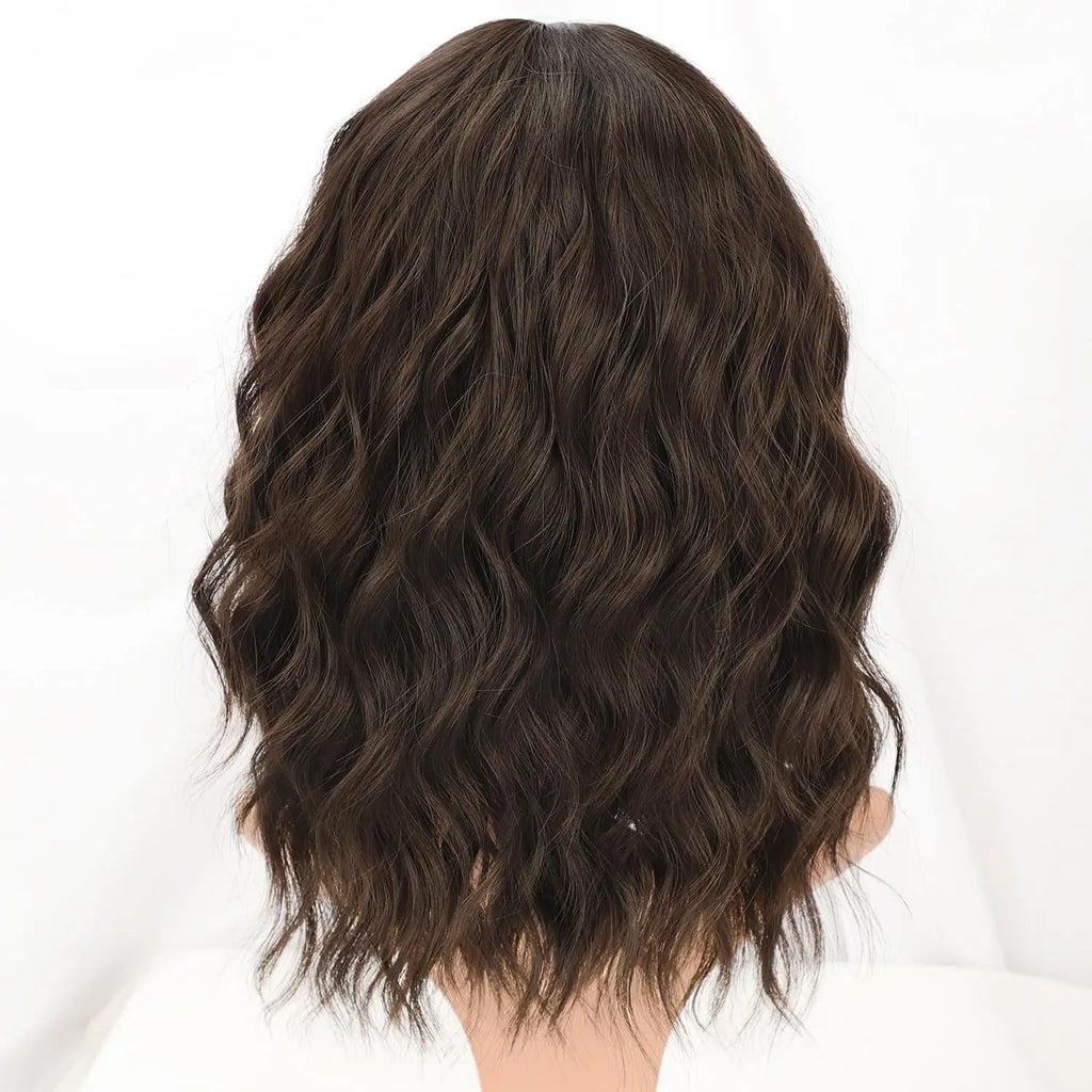Natural Brown Curly Wavy Bob Wig with Bangs, Synthetic