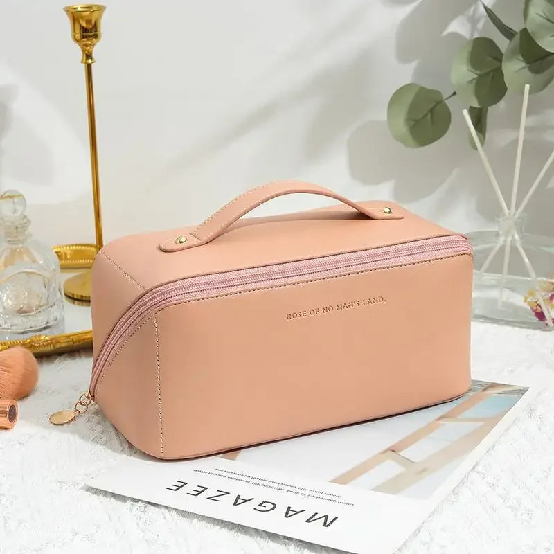 Large Capacity Travel Makeup Bag, PU Leather Wide-Open Cosmetic Pouch