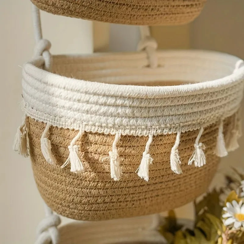 Handwoven 3-Tier Hanging Wall Basket with Tassels, Boho Storage Organizer
