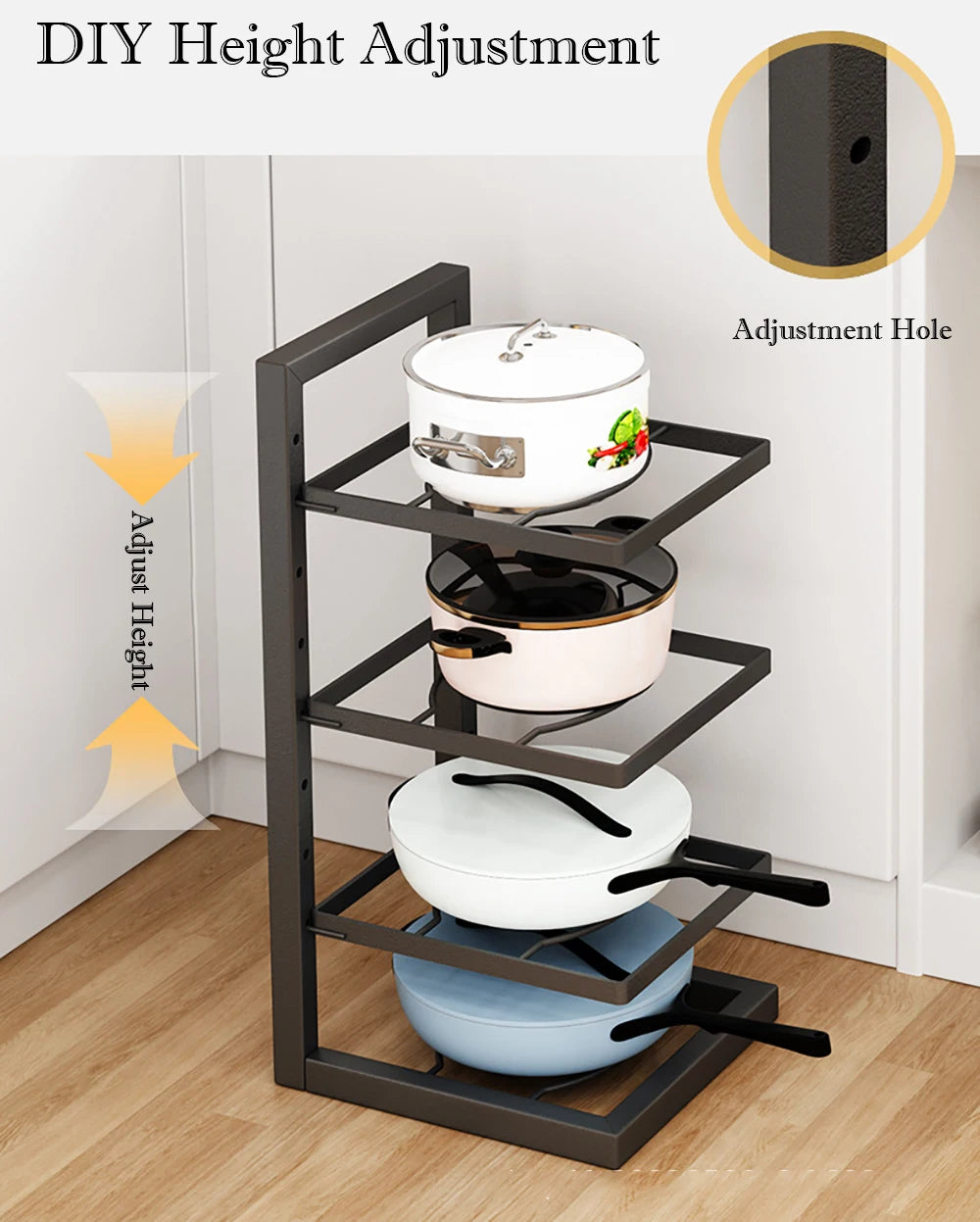 Adjustable Pot & Pan Organizer Rack, Multi-Tier Steel Kitchen Cabinet Storage