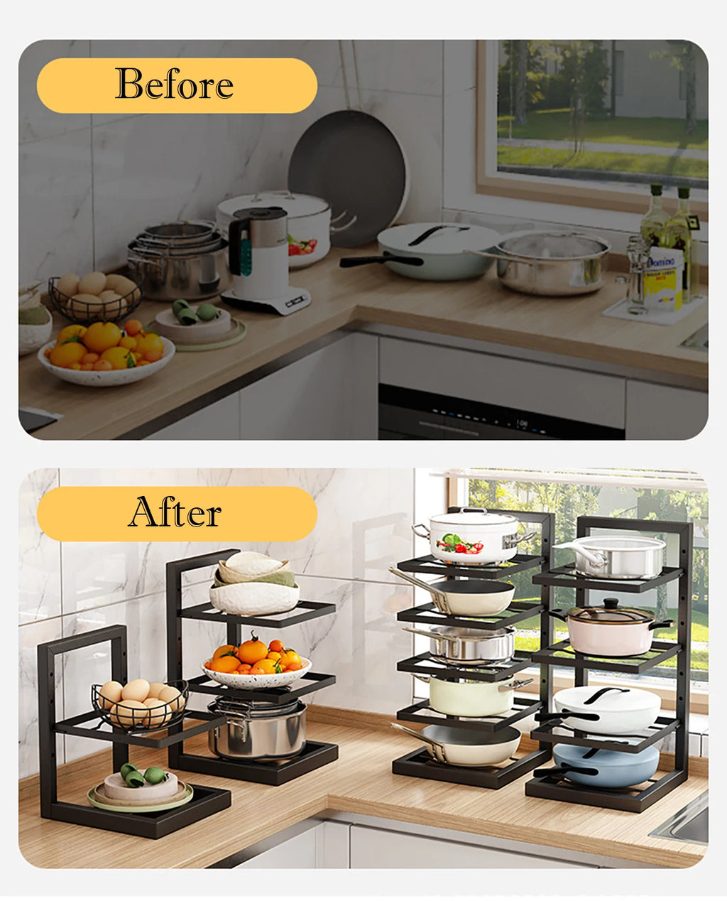 Adjustable Pot & Pan Organizer Rack, Multi-Tier Steel Kitchen Cabinet Storage