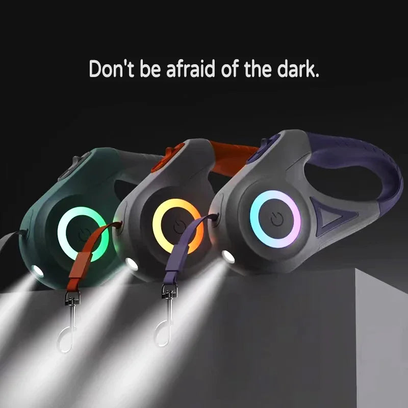 Retractable LED Dog Leash with Flashlight & Glowing Light Ring - Night Walking Leash