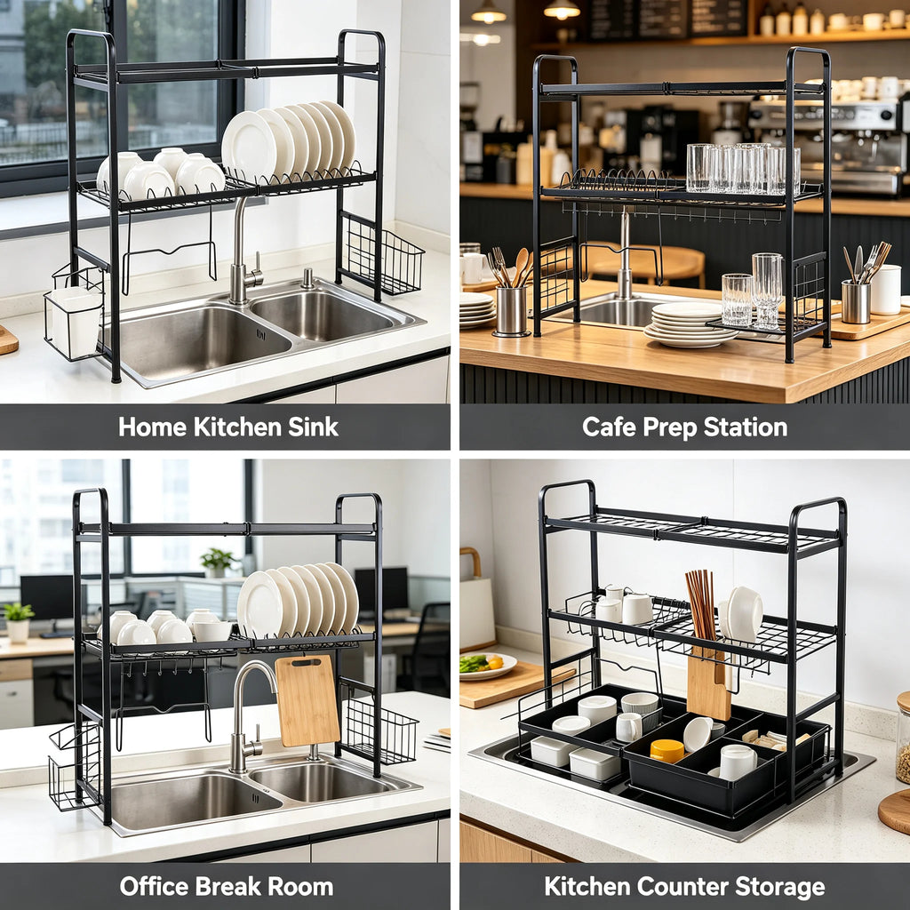 2-Tier Stainless Steel Dish Drying Rack with Cutting Board & Utensil Holder, Black