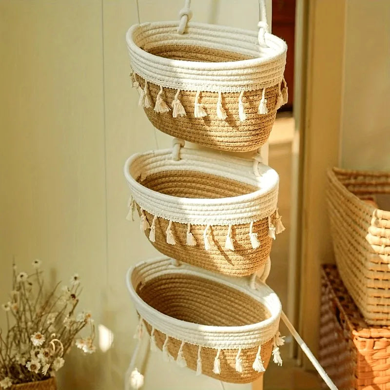 Handwoven 3-Tier Hanging Wall Basket with Tassels, Boho Storage Organizer