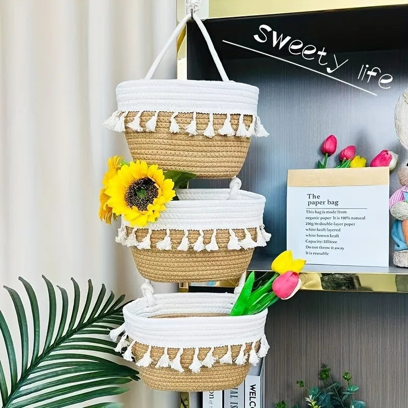 Handwoven 3-Tier Hanging Wall Basket with Tassels, Boho Storage Organizer