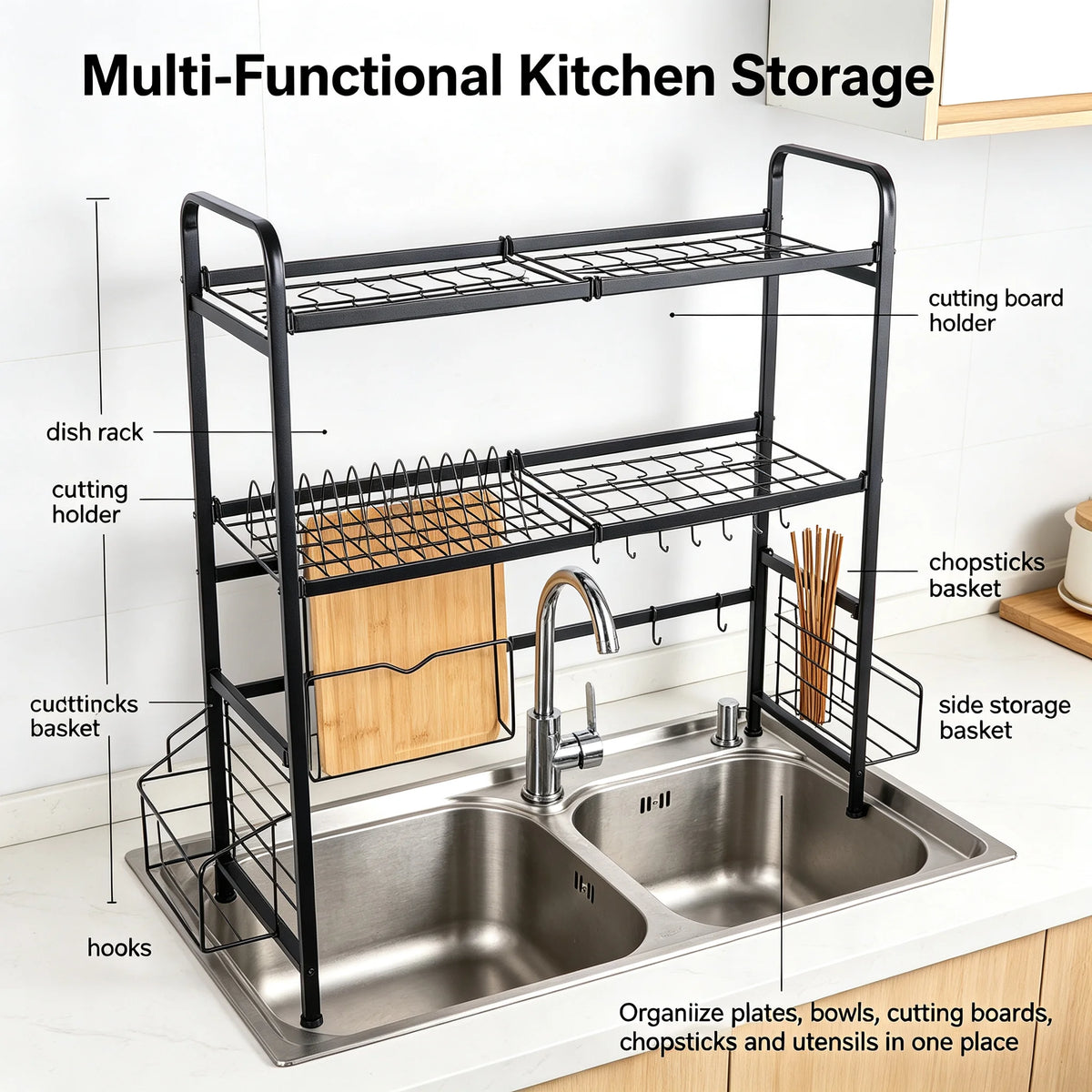 2-Tier Stainless Steel Dish Drying Rack with Cutting Board & Utensil Holder, Black