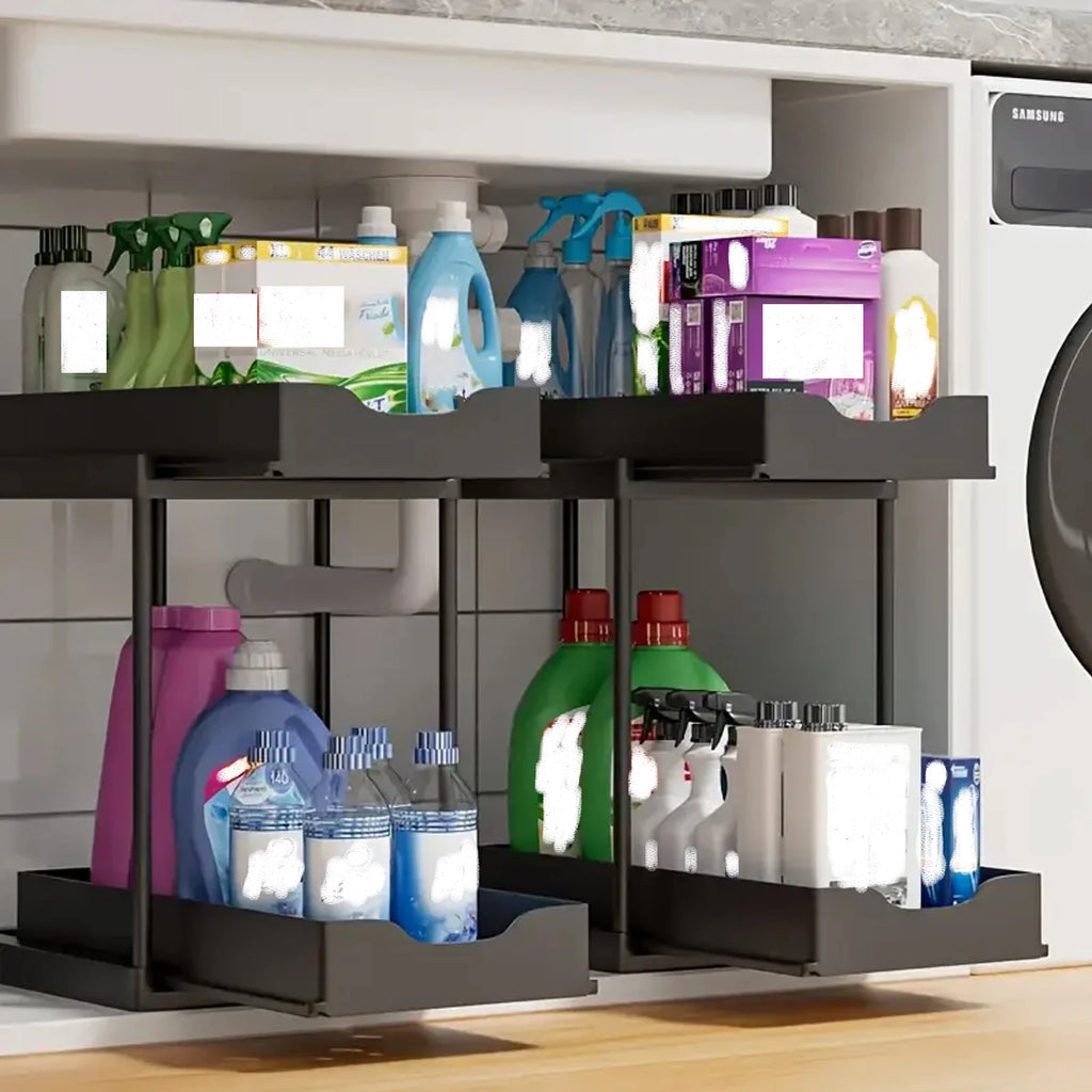 Double-Layer Pull-Out Under-Sink Organizer, Sliding Kitchen Cabinet Storage Rack