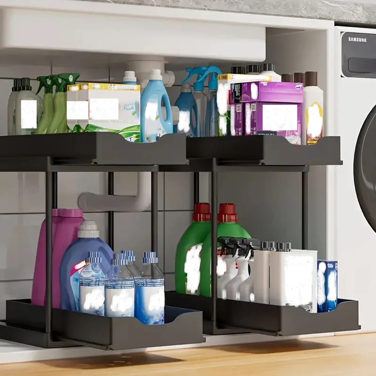 Double-Layer Pull-Out Under-Sink Organizer, Sliding Kitchen Cabinet Storage Rack