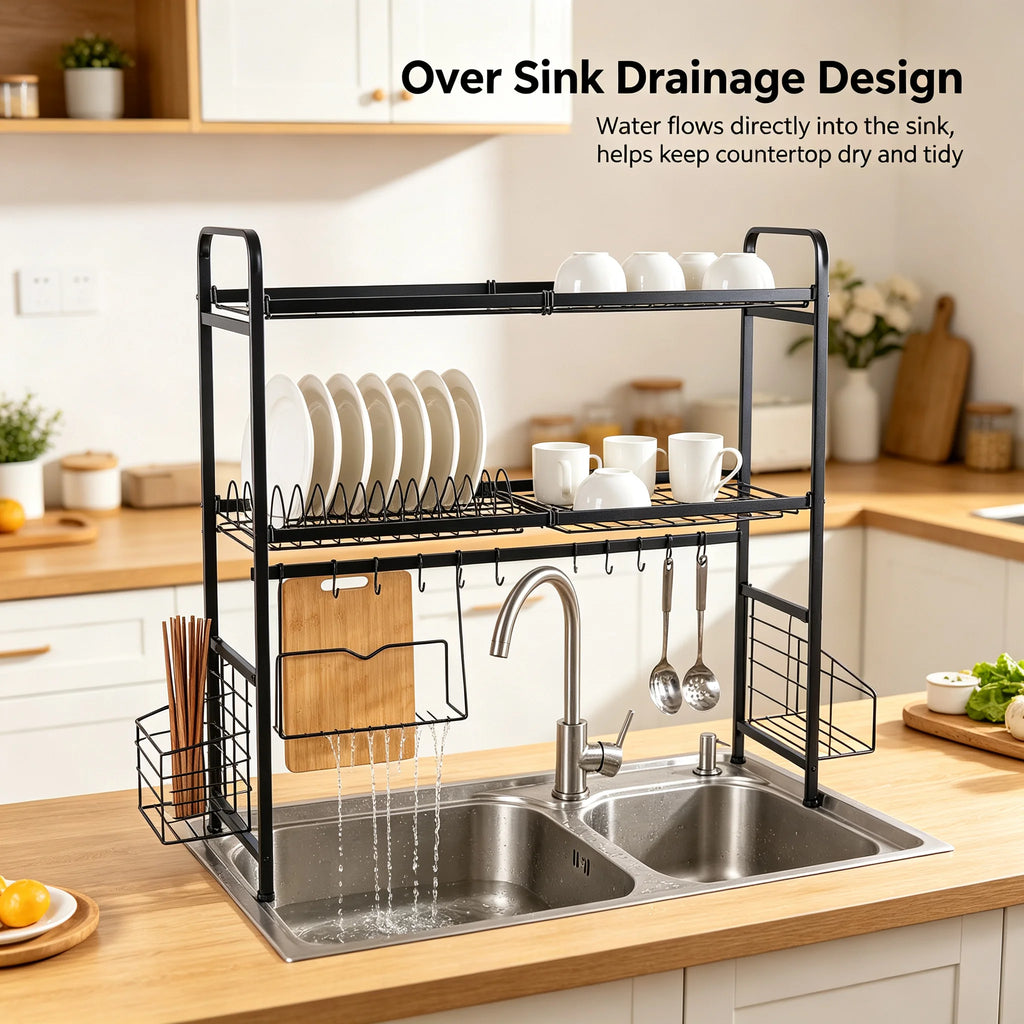 2-Tier Stainless Steel Dish Drying Rack with Cutting Board & Utensil Holder, Black