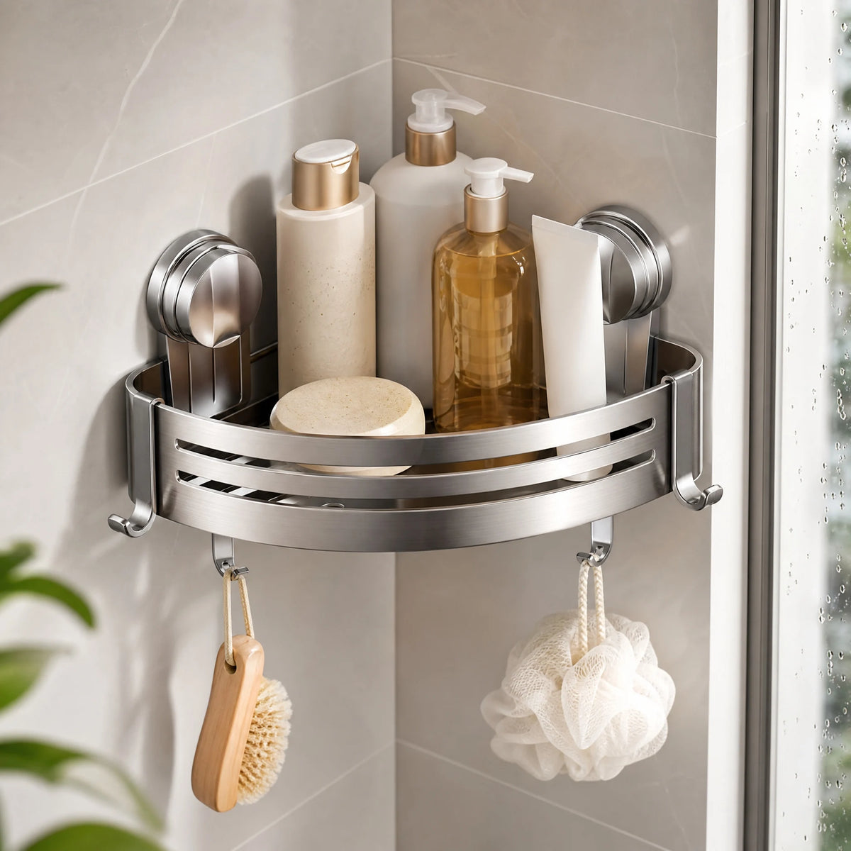 No-Drill Corner Shower Caddy with Towel Bar, Suction Mount Rustproof Bathroom Shelf