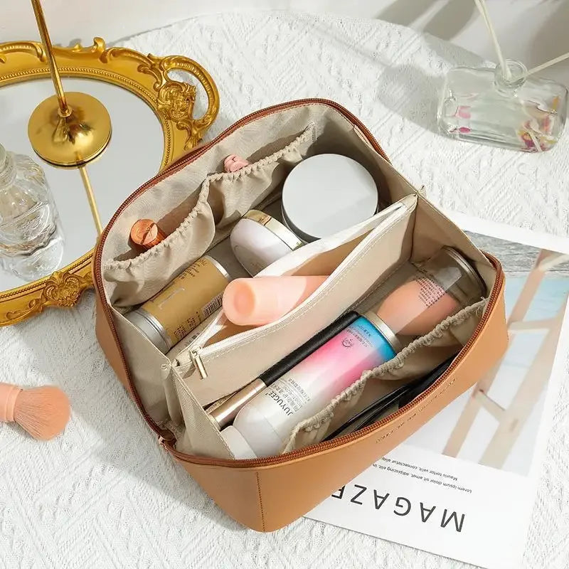 Large Capacity Travel Makeup Bag, PU Leather Wide-Open Cosmetic Pouch