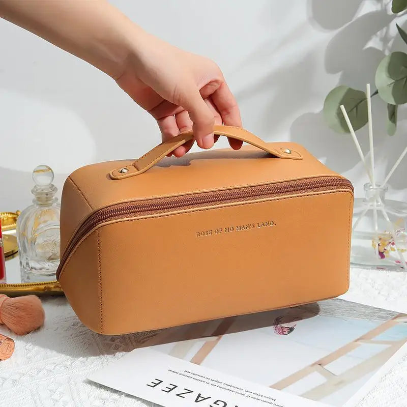 Large Capacity Travel Makeup Bag, PU Leather Wide-Open Cosmetic Pouch