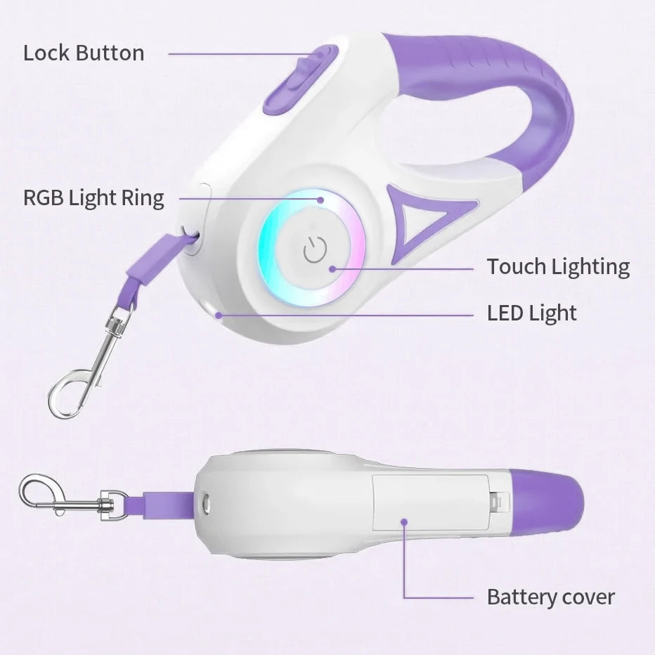 Retractable LED Dog Leash with Flashlight & Glowing Light Ring - Night Walking Leash