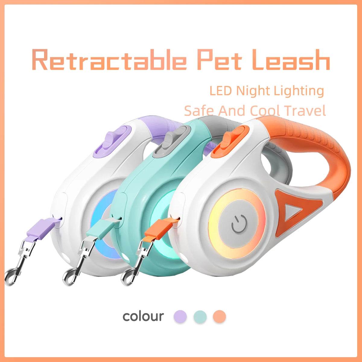 Retractable LED Dog Leash with Flashlight & Glowing Light Ring - Night Walking Leash