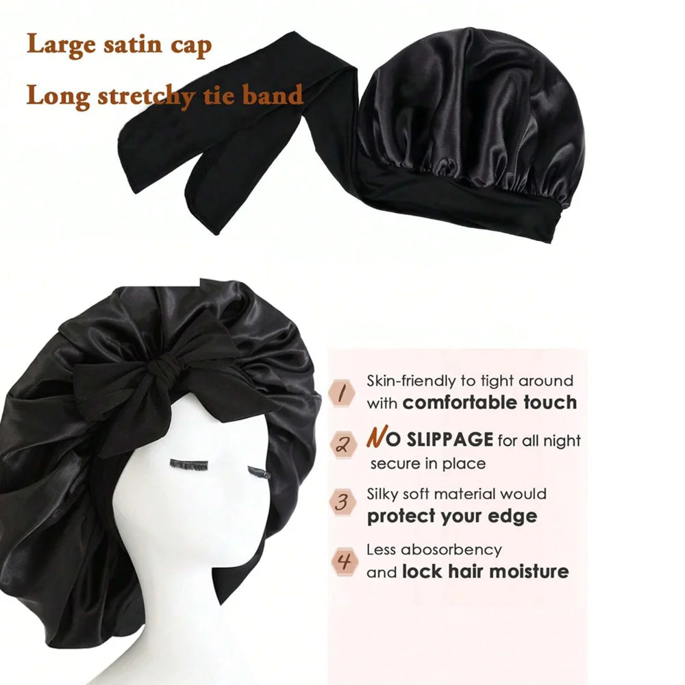 Adjustable Satin Bonnet for Sleeping, Silky Hair Cap with Tie Band