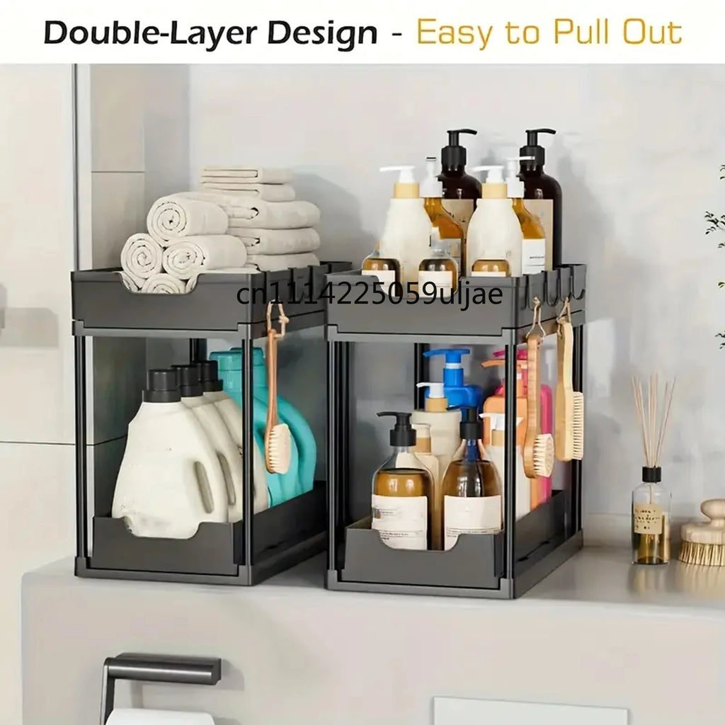 Double-Layer Pull-Out Under-Sink Organizer, Sliding Kitchen Cabinet Storage Rack