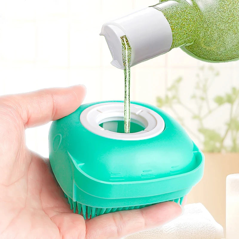 Dog Bath Brush with Shampoo Dispenser, Soft Silicone Massage Scrubber