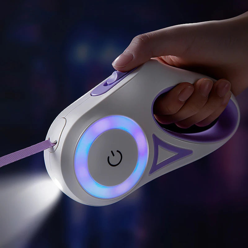 Retractable LED Dog Leash with Flashlight & Glowing Light Ring - Night Walking Leash