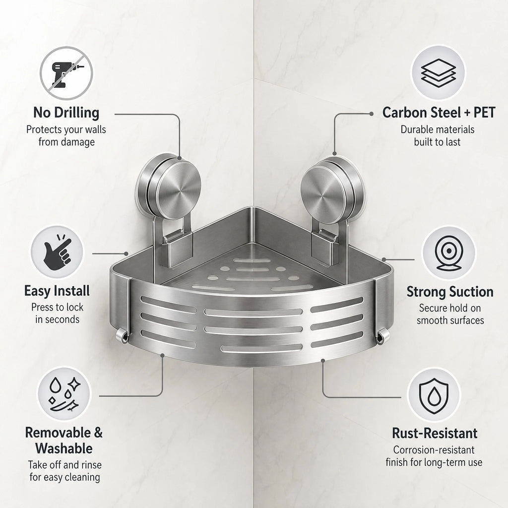 No-Drill Corner Shower Caddy with Towel Bar, Suction Mount Rustproof Bathroom Shelf