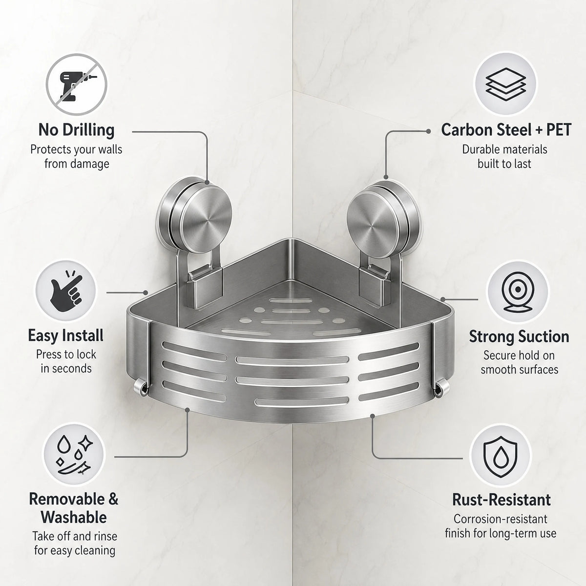 No-Drill Corner Shower Caddy with Towel Bar, Suction Mount Rustproof Bathroom Shelf