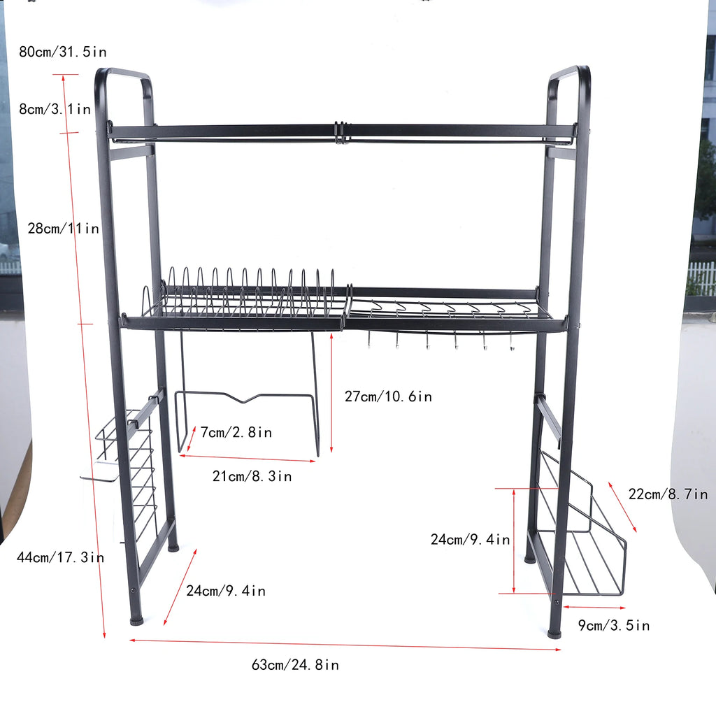 2-Tier Stainless Steel Dish Drying Rack with Cutting Board & Utensil Holder, Black