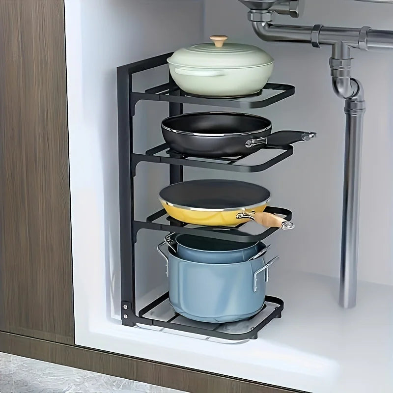 Adjustable Pot & Pan Organizer Rack, Multi-Tier Steel Kitchen Cabinet Storage