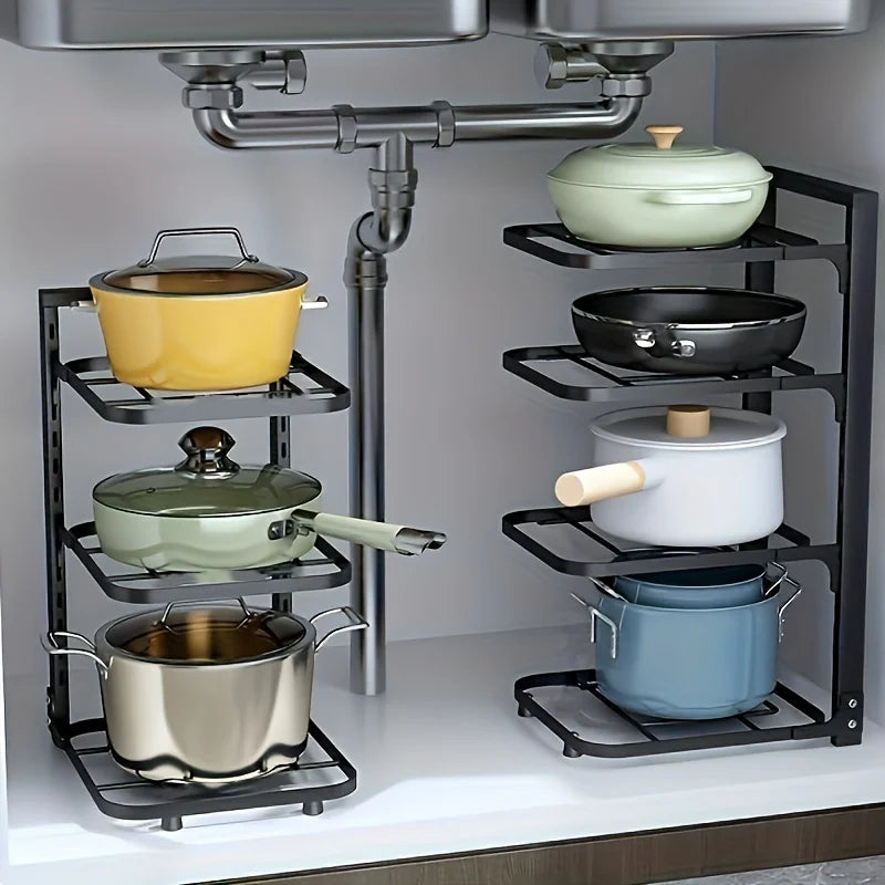 Adjustable Pot & Pan Organizer Rack, Multi-Tier Steel Kitchen Cabinet Storage
