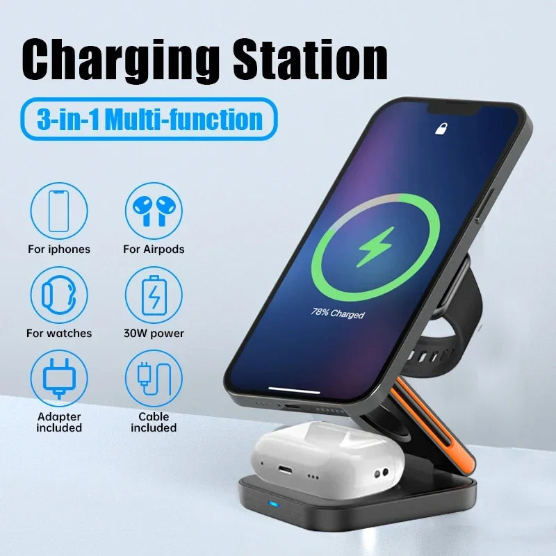 3-in-1 Foldable Magnetic Charging Station - Fast Wireless Charger for iPhone, Apple Watch & AirPods