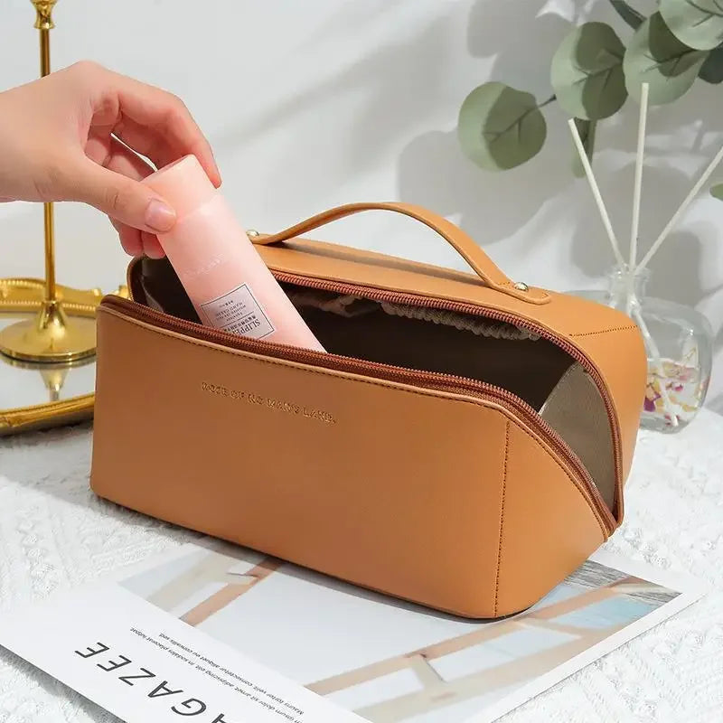 Large Capacity Travel Makeup Bag, PU Leather Wide-Open Cosmetic Pouch
