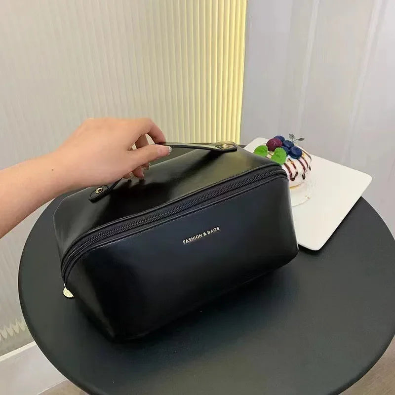Large Capacity Travel Makeup Bag, PU Leather Wide-Open Cosmetic Pouch