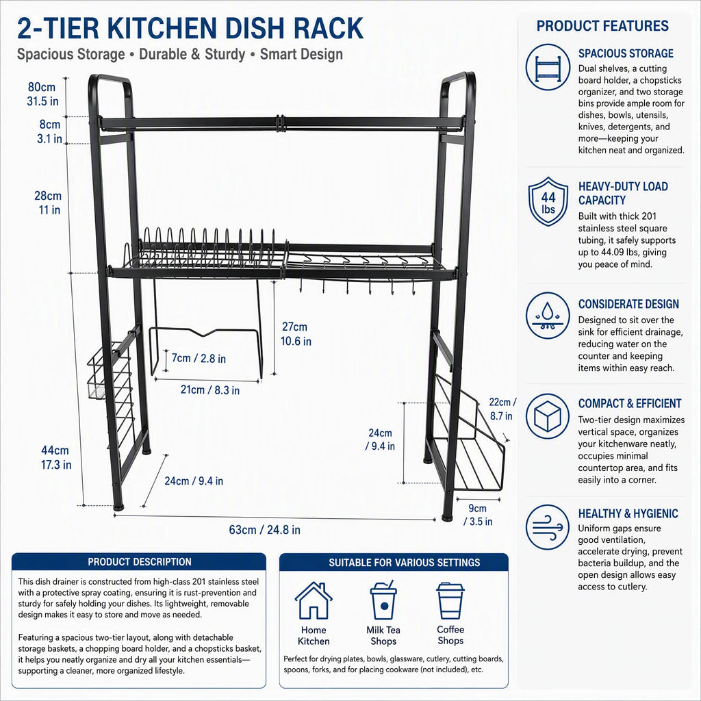 2-Tier Stainless Steel Dish Drying Rack with Cutting Board & Utensil Holder, Black