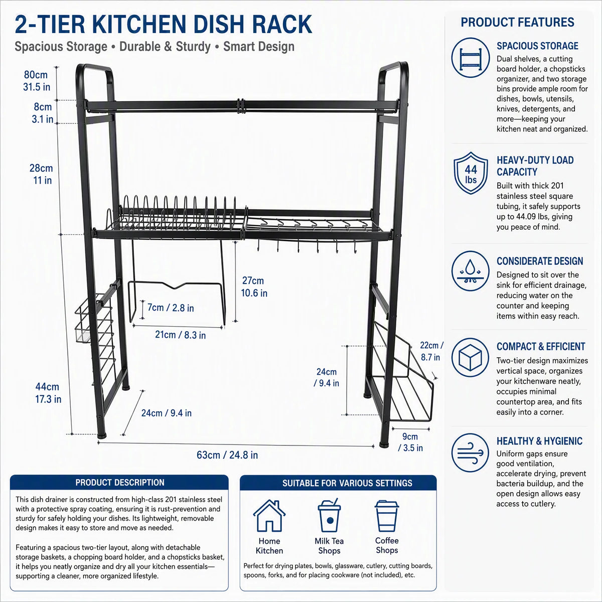 2-Tier Stainless Steel Dish Drying Rack with Cutting Board & Utensil Holder, Black