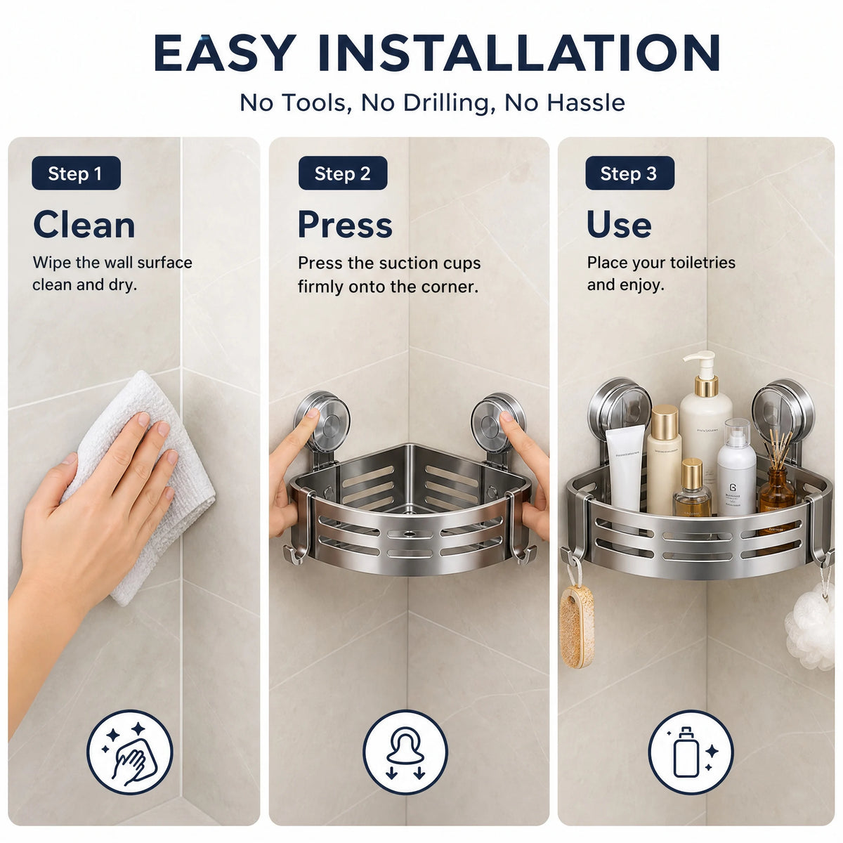 No-Drill Corner Shower Caddy with Towel Bar, Suction Mount Rustproof Bathroom Shelf