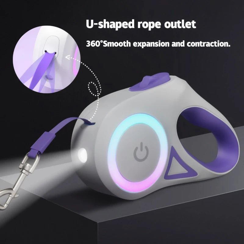 Retractable LED Dog Leash with Flashlight & Glowing Light Ring - Night Walking Leash
