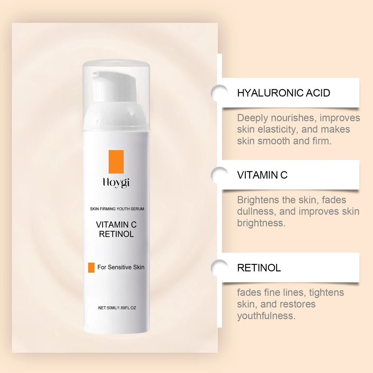 HOYGI Vitamin C & Retinol Face Serum, Brightening & Moisturizing, 50ml