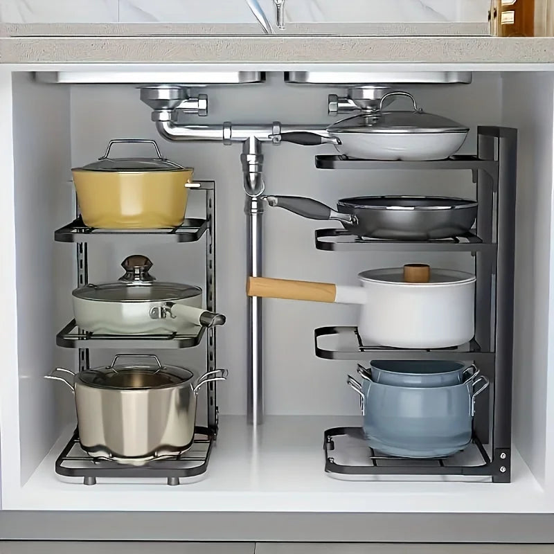 Adjustable Pot & Pan Organizer Rack, Multi-Tier Steel Kitchen Cabinet Storage