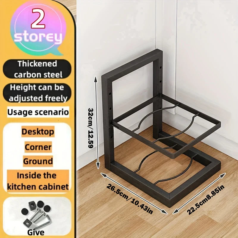 Adjustable Pot & Pan Organizer Rack, Multi-Tier Steel Kitchen Cabinet Storage
